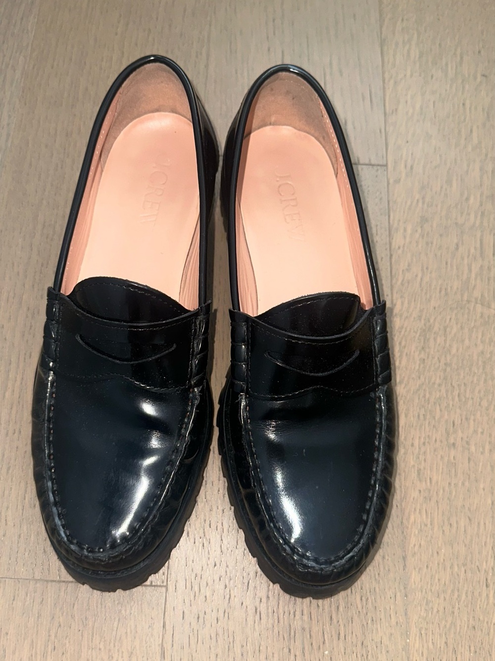 J. Crew Black Patent Leather Penny Loafers with Pink Insoles